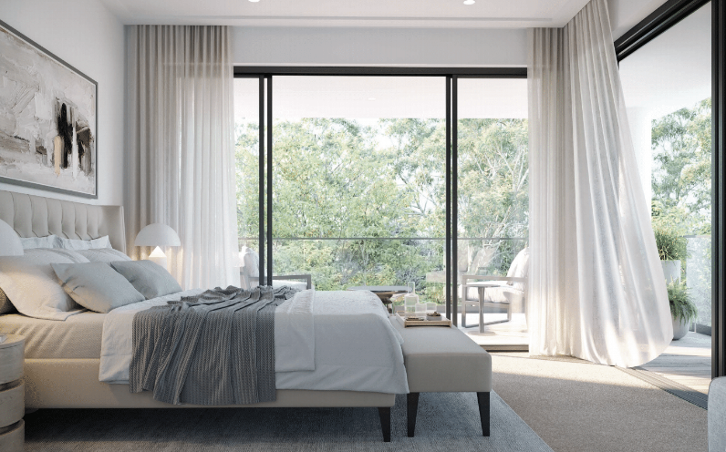 Artist's impression of a bedroom in a new apartment at Rose by Moran